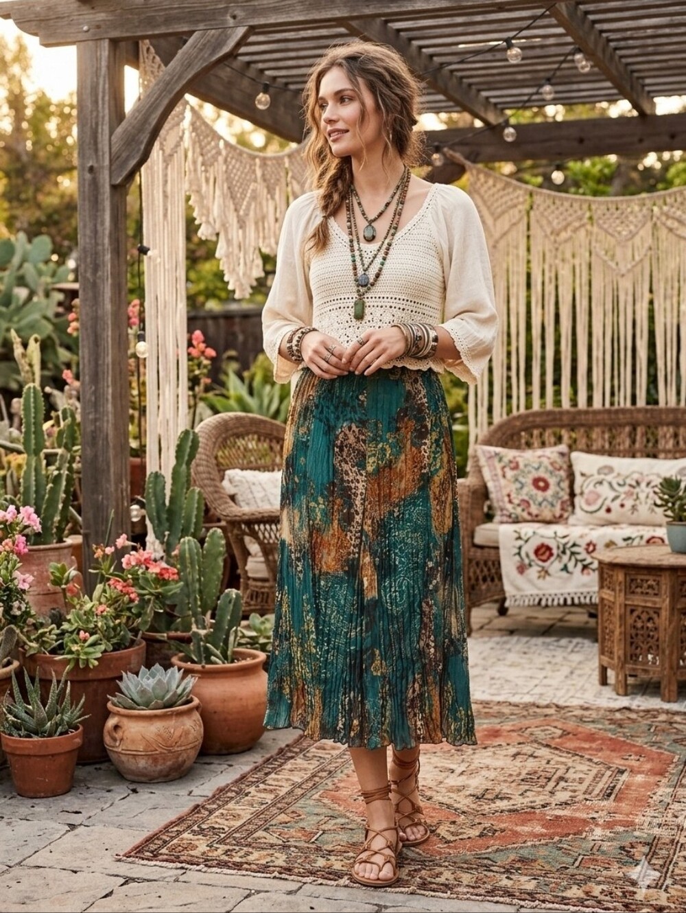 Christopher & Banks Boho Crinkle Patchwork Midi Skirt Teal Brown Yellow Small
